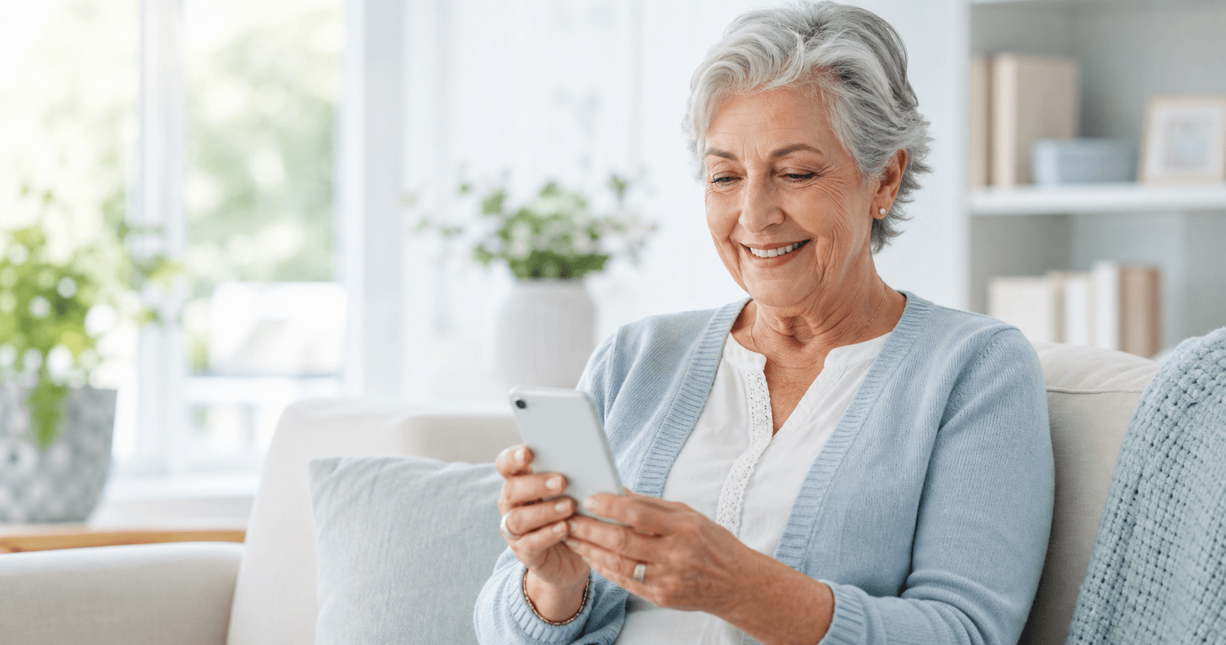 Older patient smiling while using a smartphone at home